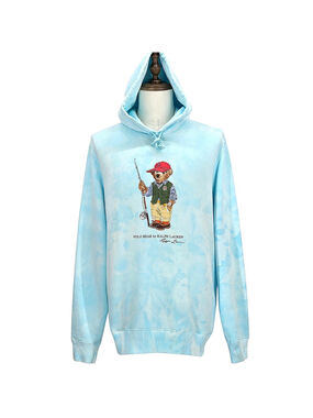 Polo Bear Fishing Hoodie Ralph Lauren Mens XL Blue Tie Dye Fleece Graphic